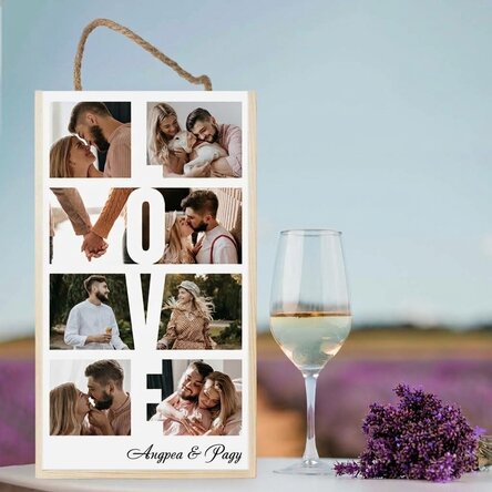 Кутия за вино за 2 бутилки, персонализирана с 8 снимки и послание - LOVE