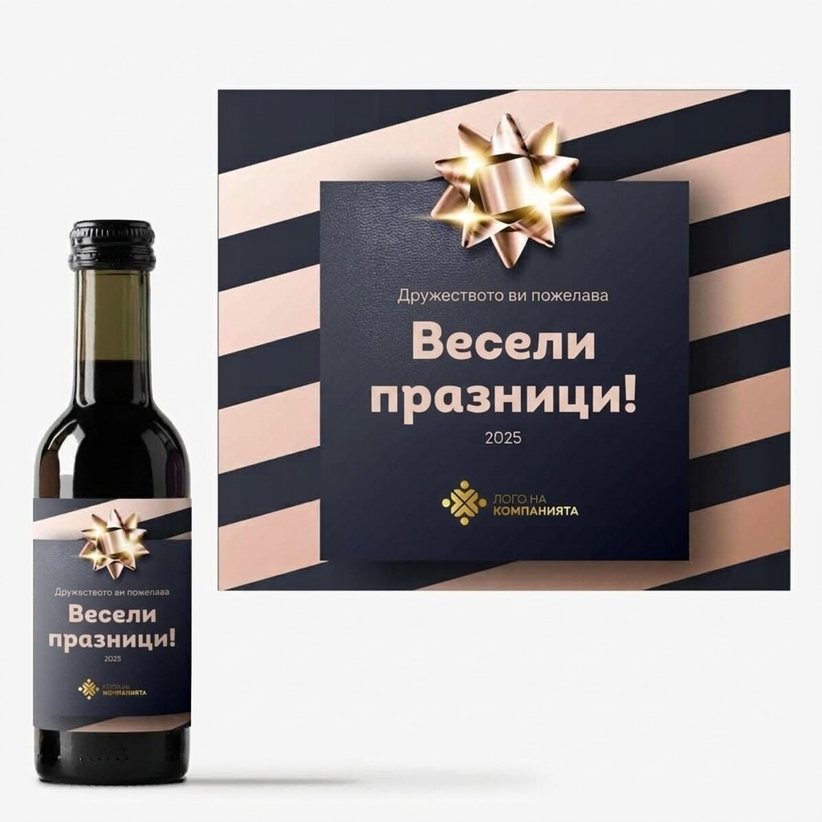 Мини бутилка вино, персонализирана с лого и текст - Подарък за празника