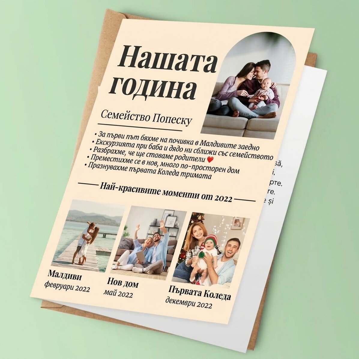 Персонализирана картичка с 4 семейни снимки и текст - Нашата година в снимки