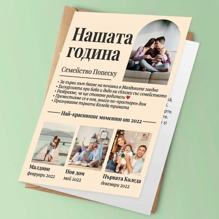 Персонализирана картичка с 4 семейни снимки и текст - Нашата година в снимки