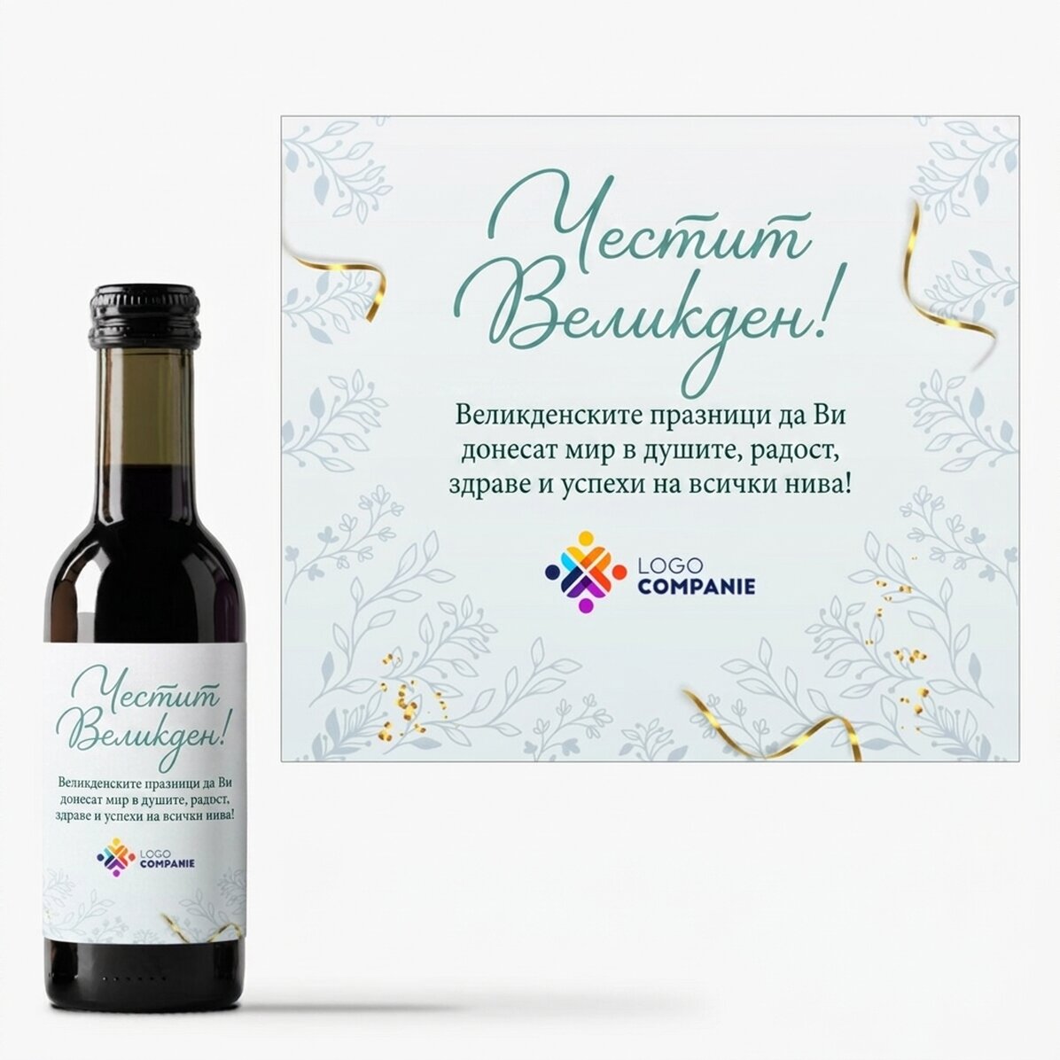 Мини бутилка вино, персонализирана с лого и послание - Весела Великден!