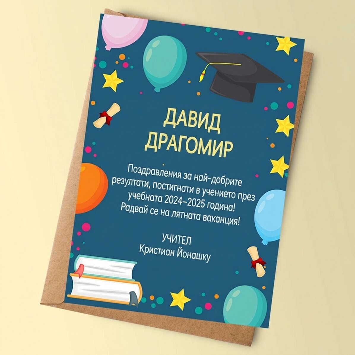 Персонализирана картичка с послание за деца - Край на учебната година