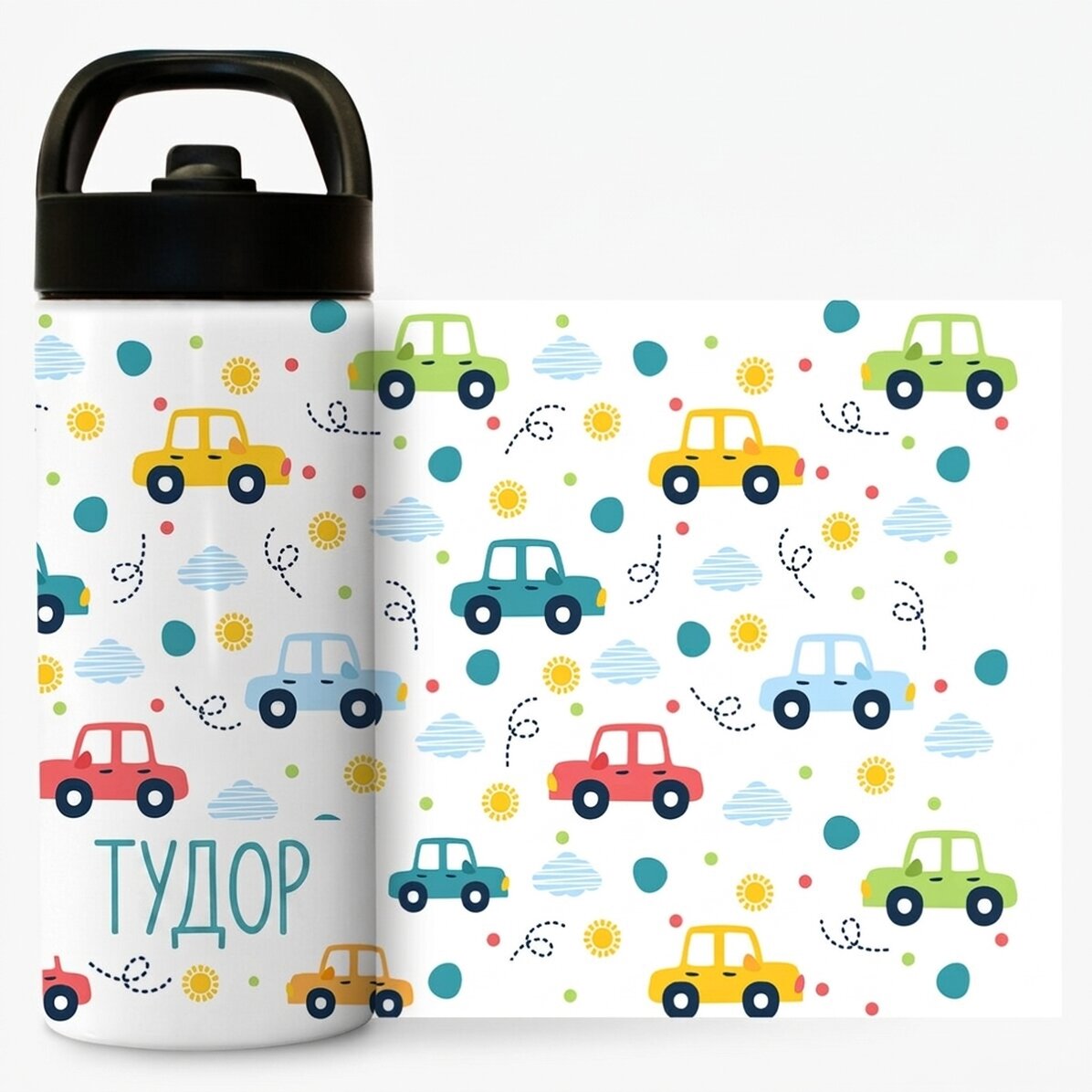 Термос с дръжка и сламка, персонализиран с име - Cars