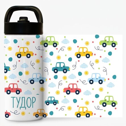 Термос с дръжка и сламка, персонализиран с име - Cars