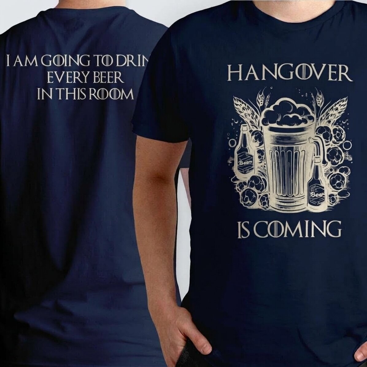 Персонализирана памучна тениска с текст от двете страни - Hangover is coming