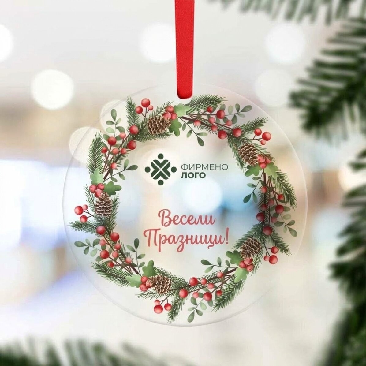 Персонализирана кръгла украса с лого и послание - Весели празници!