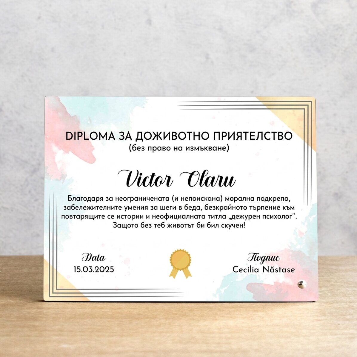 Персонализирана рамка за снимка за бюро - Диплома за приятелство