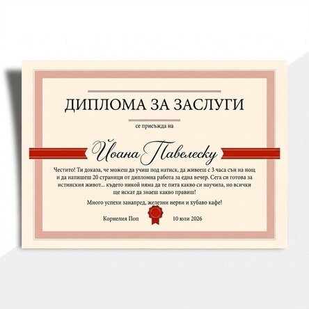 Персонализирана диплома с текст - Диплома за заслуги