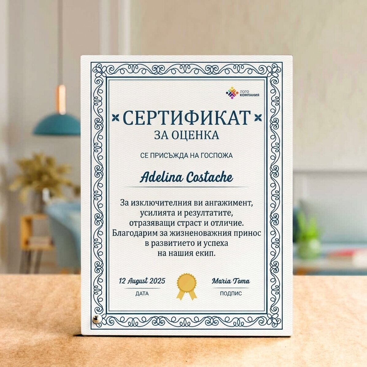 Персонализирана рамка за снимка за бюро с лого и послание - Служител на годината