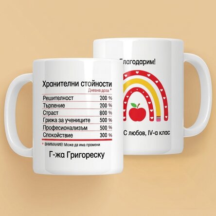 Чаша с персонализиран надпис – Хранителни стойности за учители