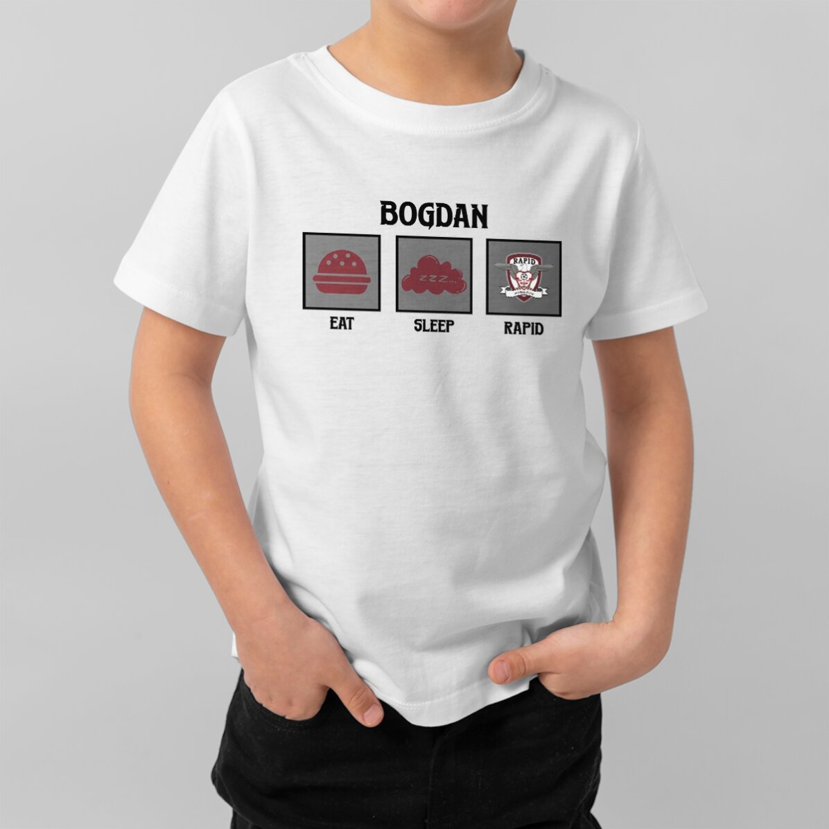 Tricou din bumbac pentru copii FC Rapid personalizat cu text - Eat, sleep, Rapid