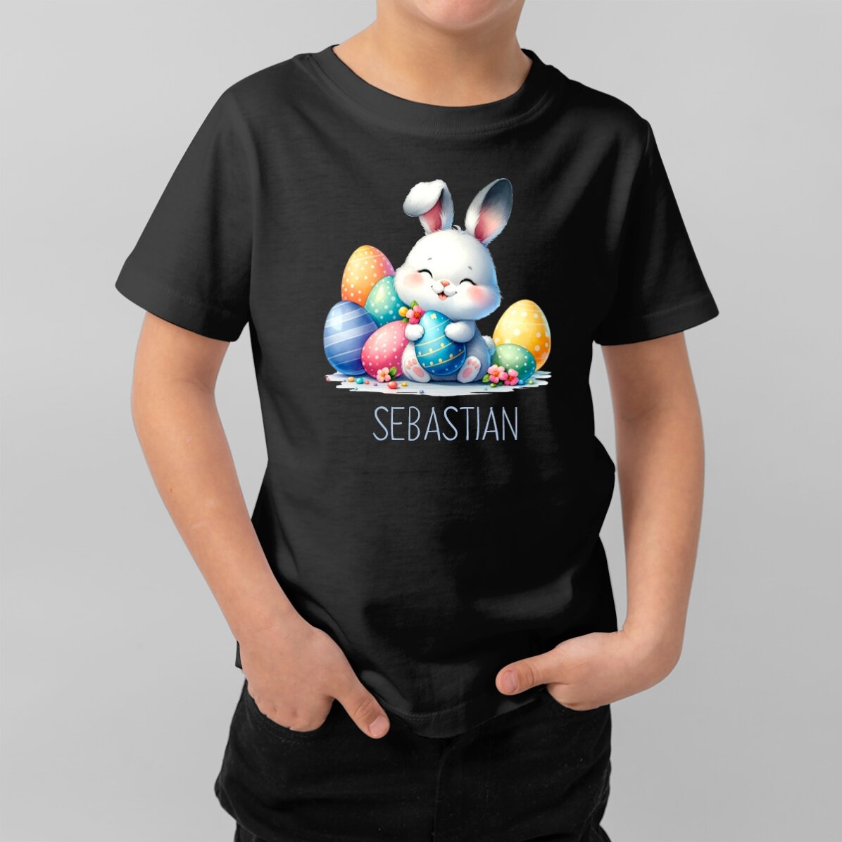 Tricou din bumbac pentru copii personalizat cu nume - Iepuraș cu ouă de Paște