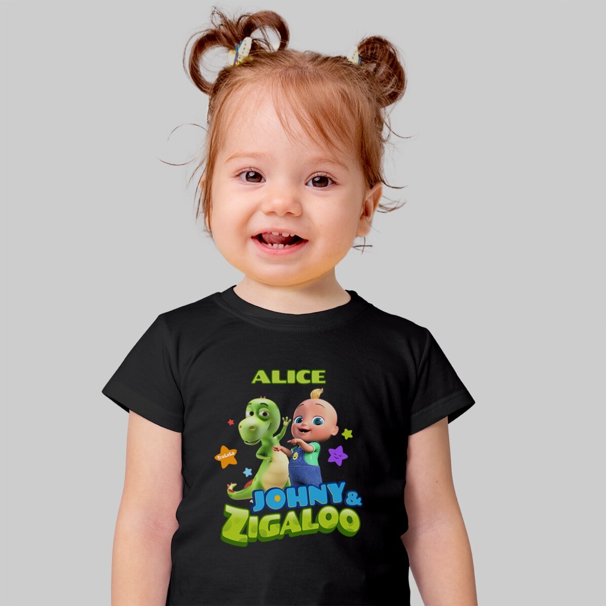 Tricou din bumbac pentru copii personalizat cu nume - Johny și Zigaloo TraLaLa