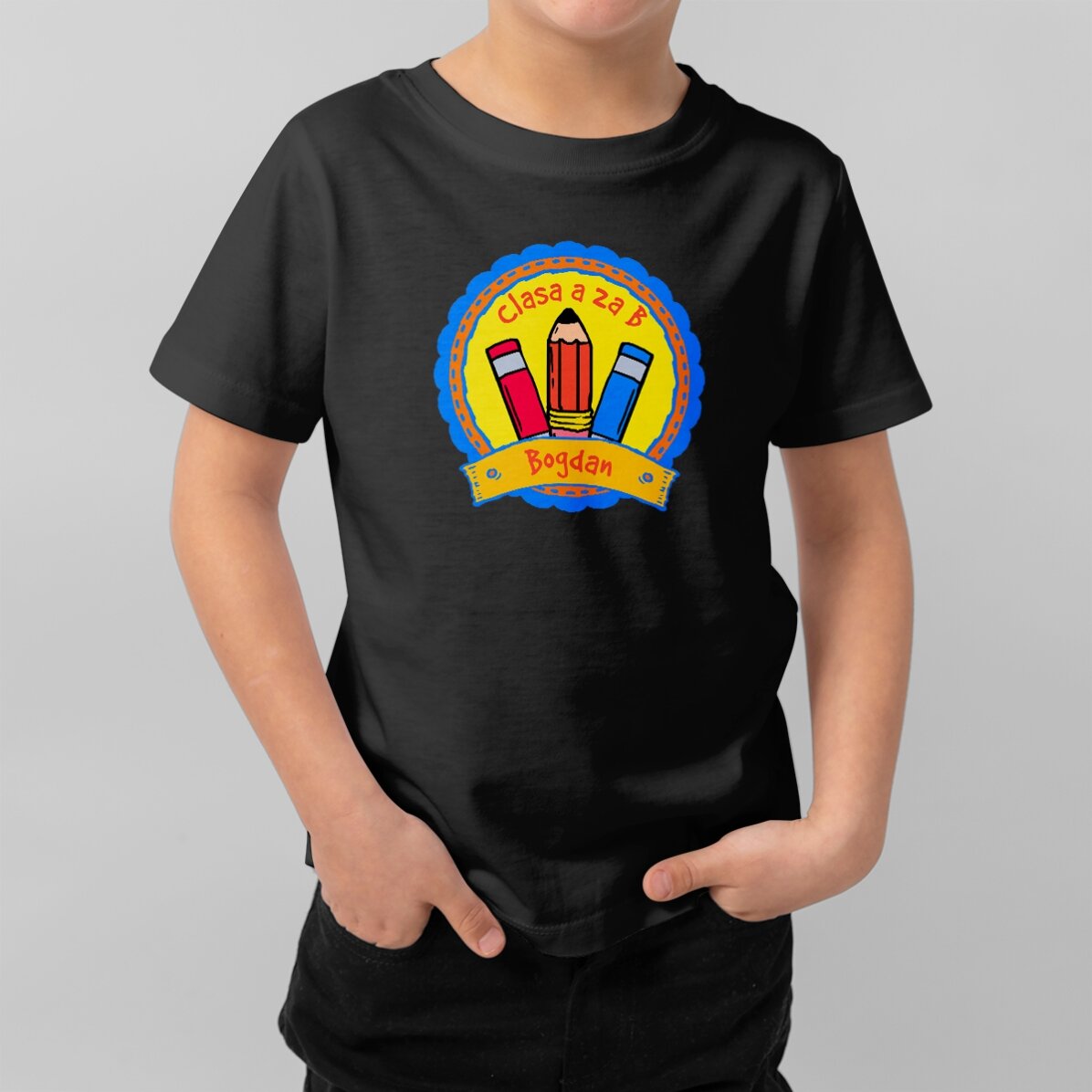 Tricou din bumbac pentru copii personalizat cu text - School Badge