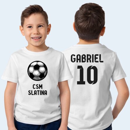 Tricou din bumbac pentru copii personalizat cu text față-verso - Minge de fotbal