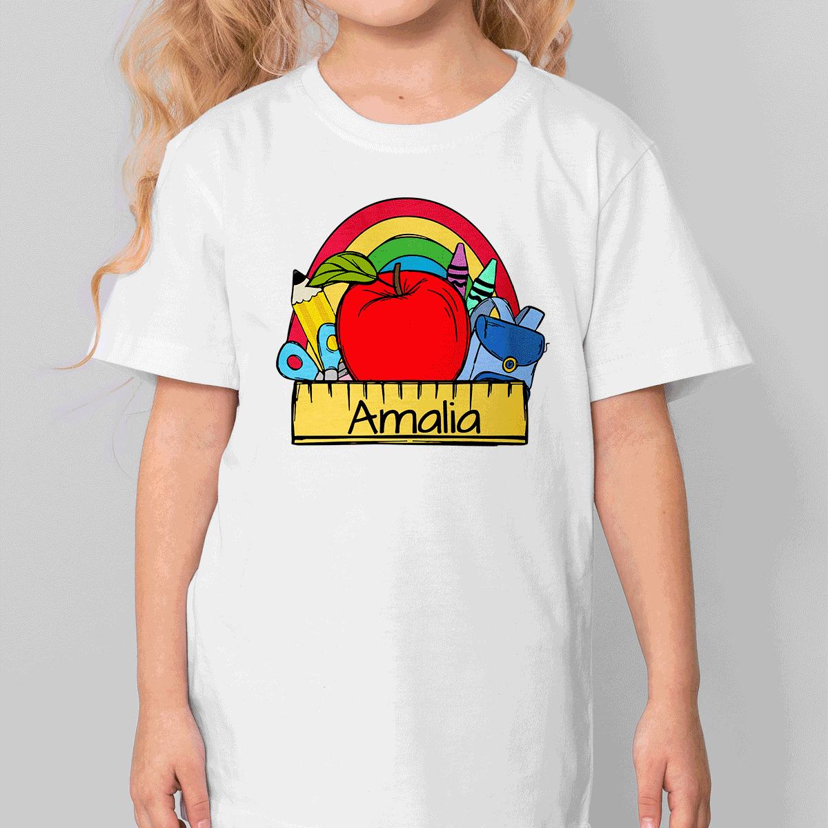 Tricou din bumbac pentru copii personalizat pentru școală cu nume și rechizite