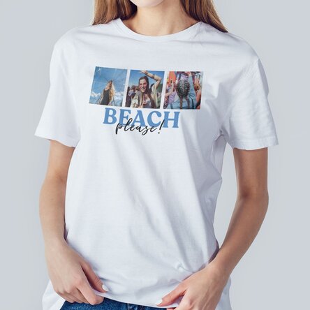 Tricou din bumbac personalizat cu 3 poze și mesaj - Beach, please!