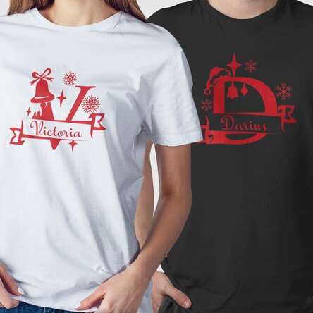 Tricou din bumbac personalizat cu inițială și nume - model de Crăciun