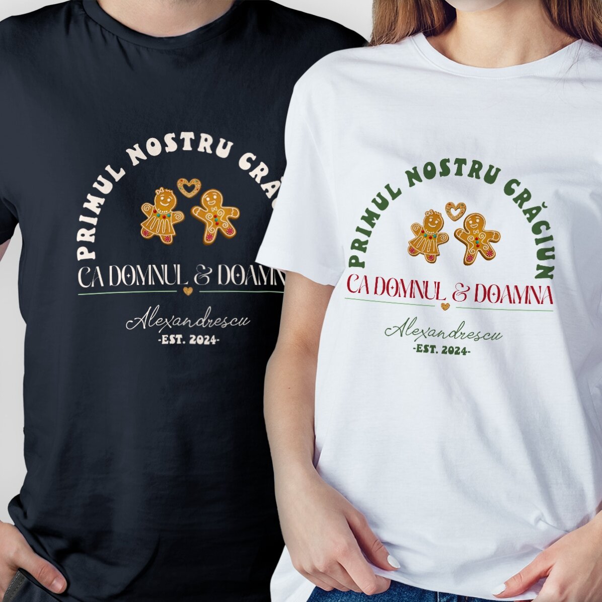 Tricou din bumbac personalizat cu text de Crăciun - Domnul & doamna