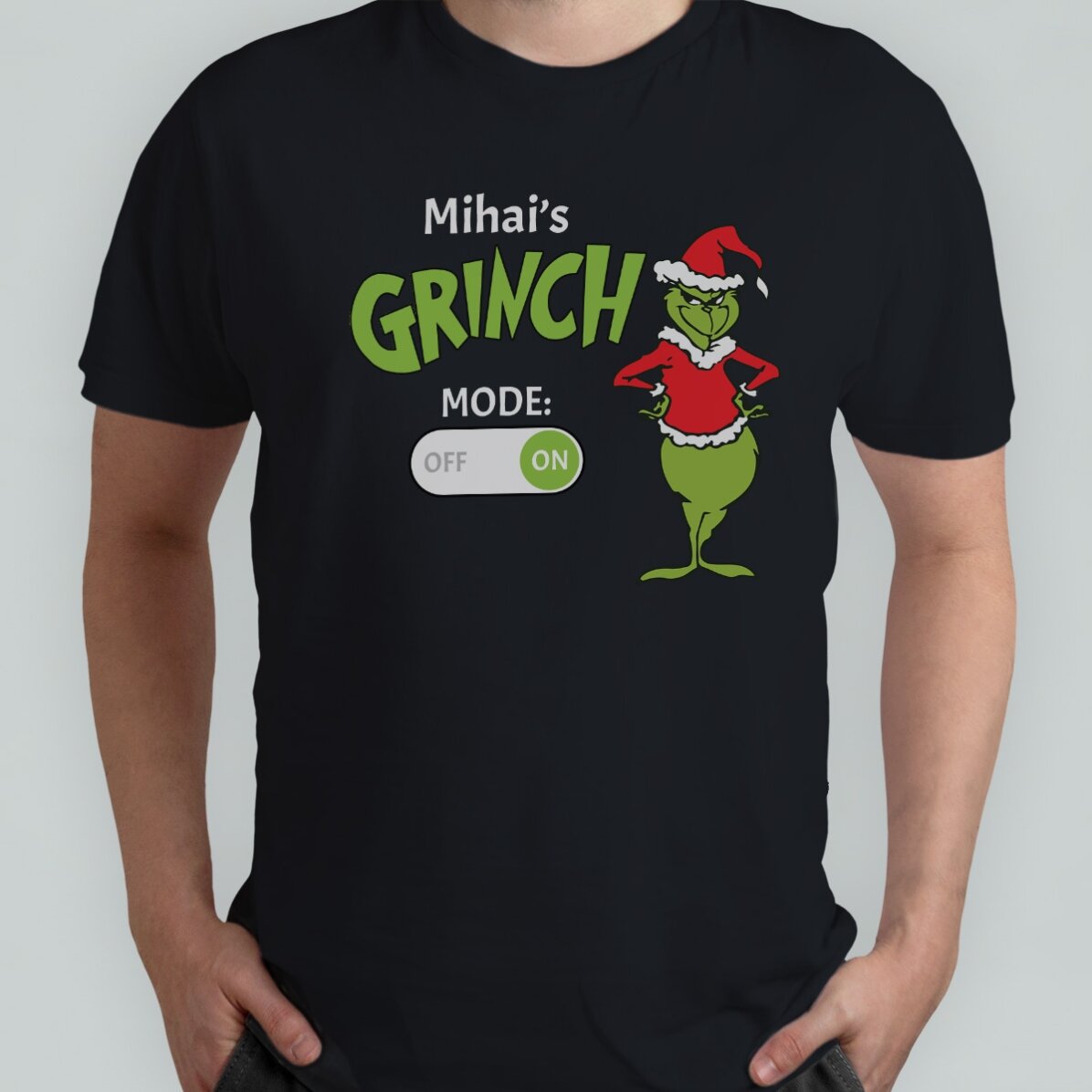 Tricou din bumbac personalizat cu text de Crăciun - Grinch Mode On