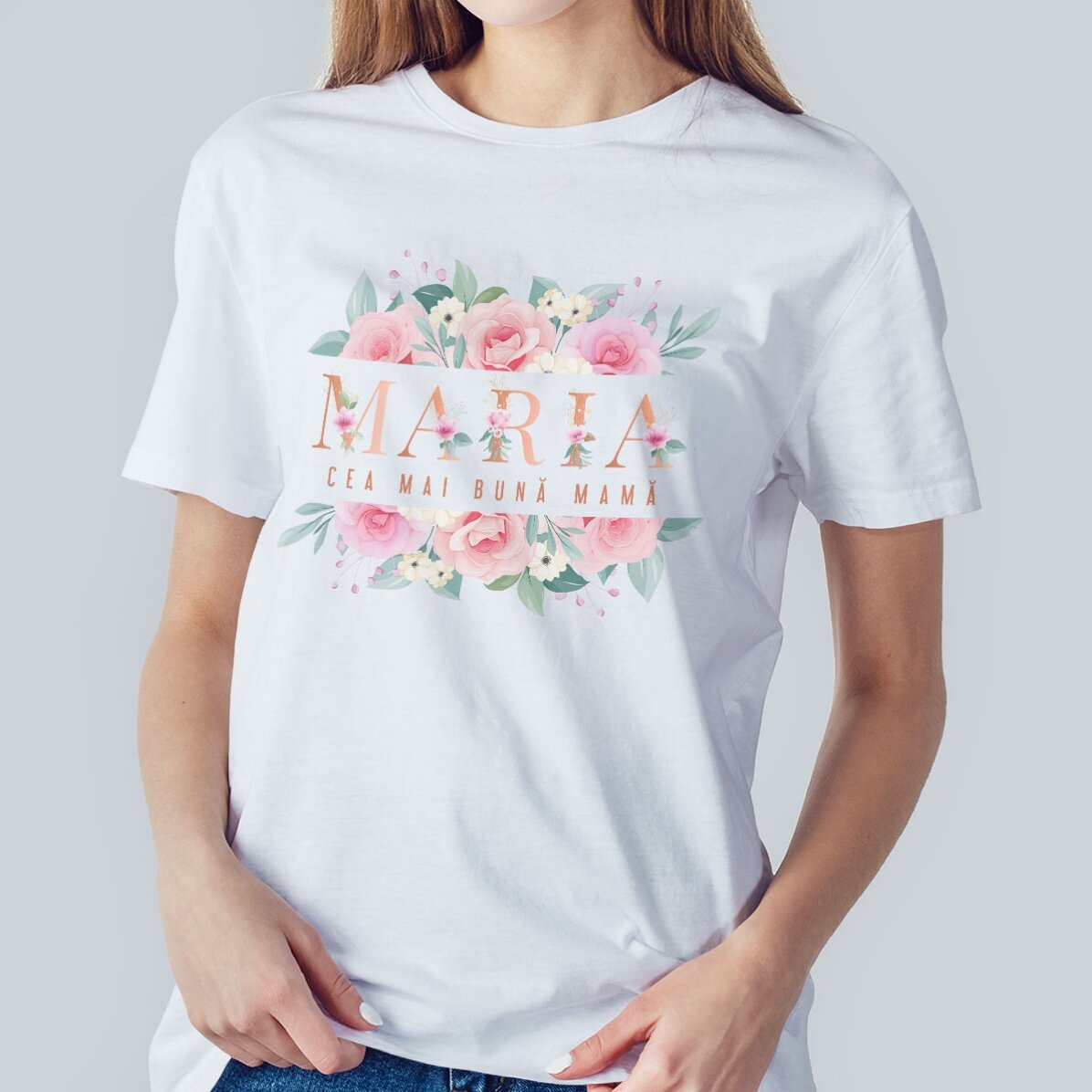 Tricou din bumbac personalizat cu text floral - Cea mai bună mamă