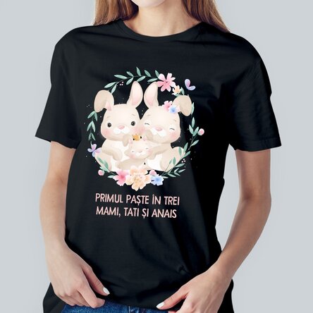 Tricou din bumbac personalizat cu text - Primul Paște în trei