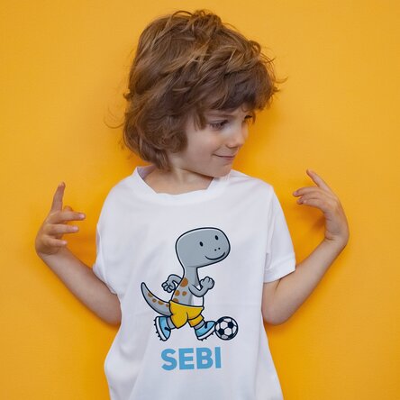 Tricou sport pentru copii personalizat cu dinozaur și nume - Fotbal