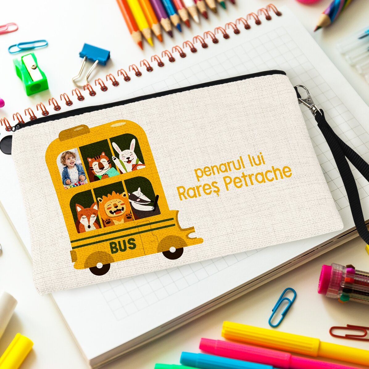 Trusă pentru școală personalizată cu poză și text - Autobuz