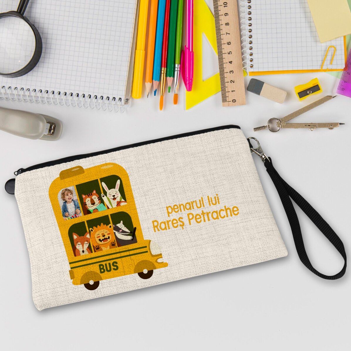 Trusă pentru școală personalizată cu poză și text - Autobuz