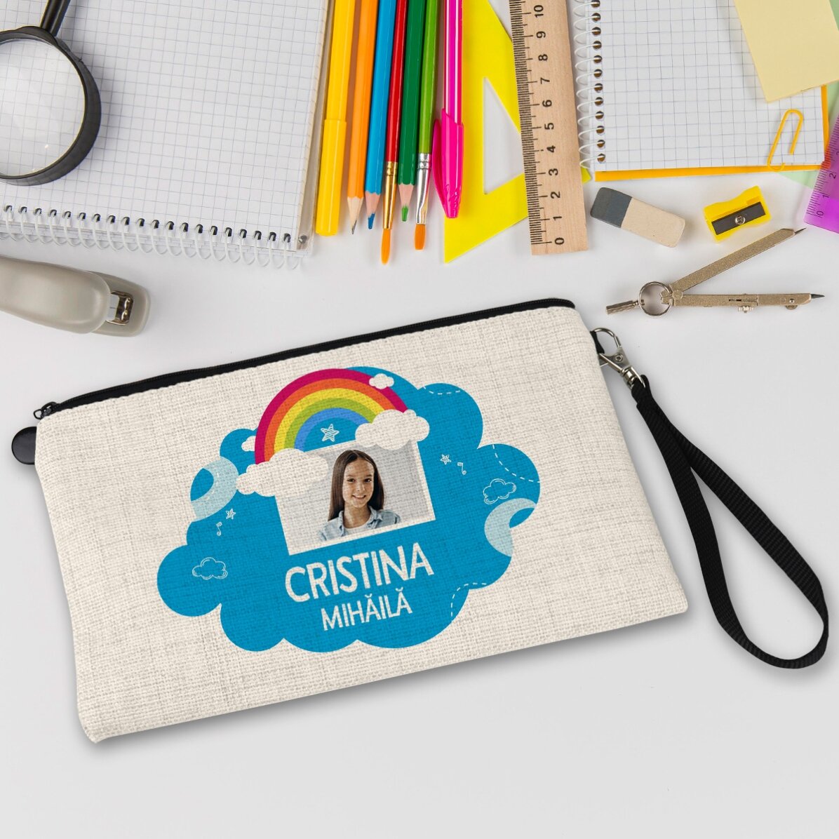 Trusă pentru școală personalizată cu poză și text - Model curcubeu