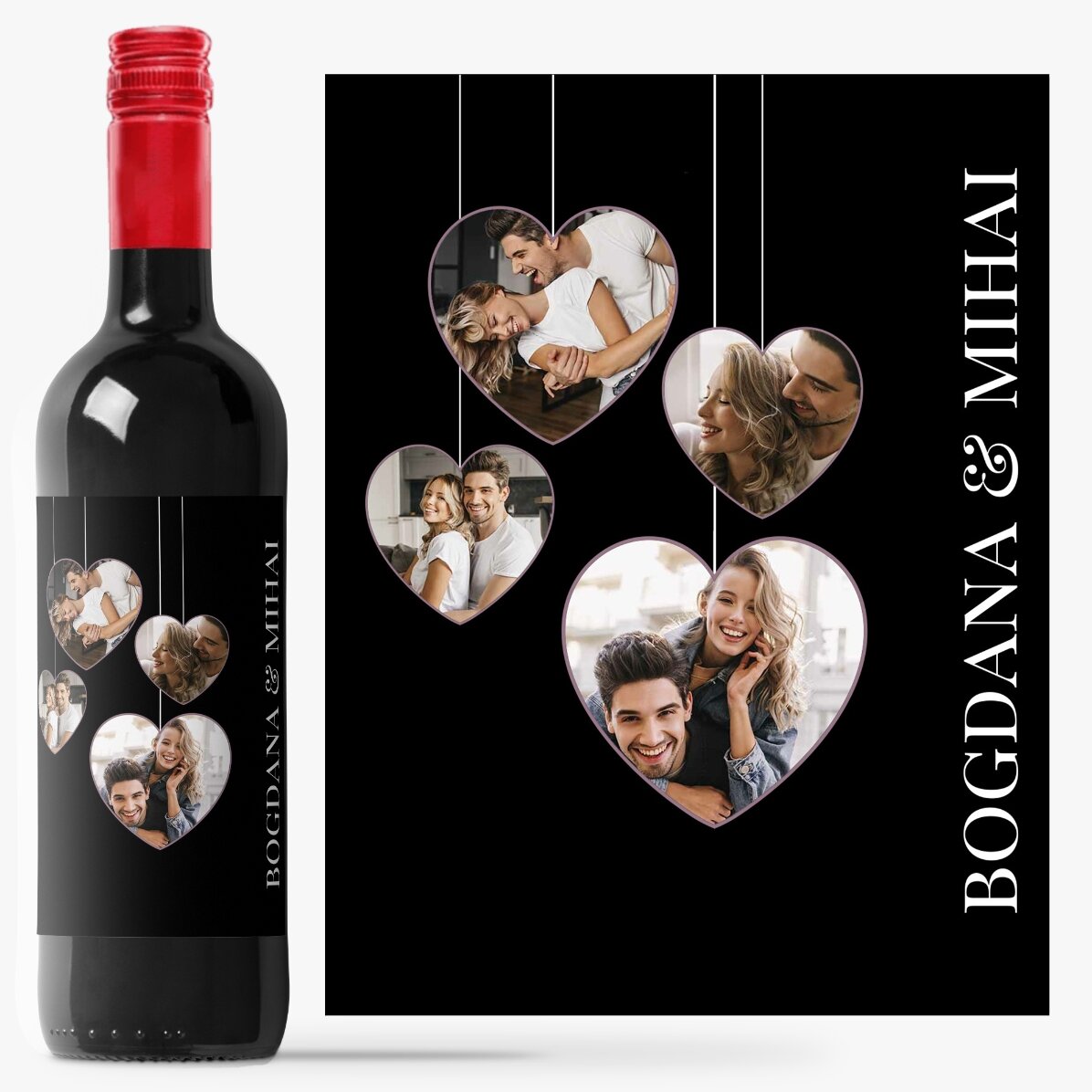 Vin personalizat cu 4 poze în formă de inimă pentru cuplu