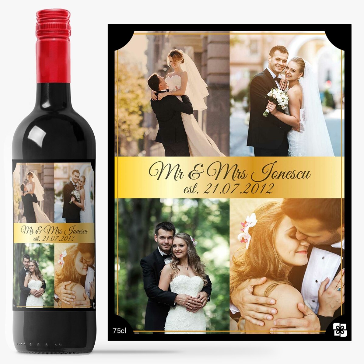 Vin personalizat cu 4 poze pentru cuplu