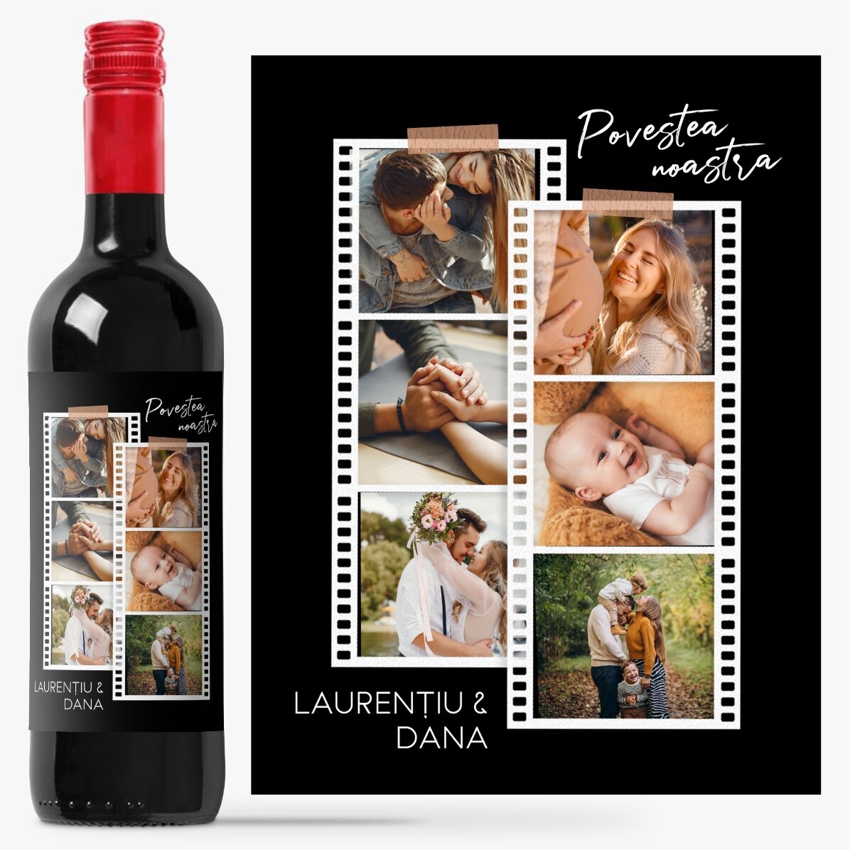 Vin personalizat cu 6 poze și mesaj - Poze pe film