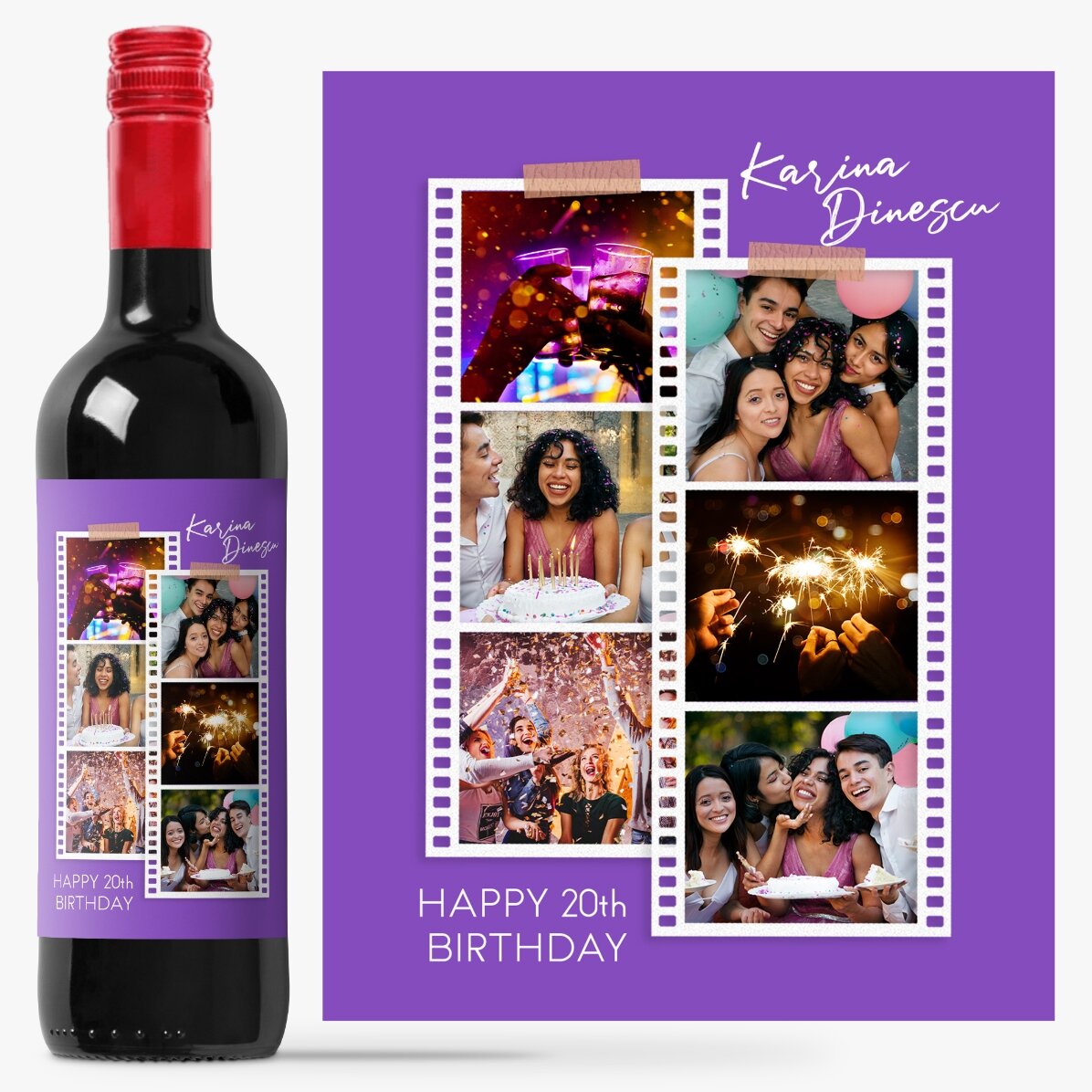 Vin personalizat cu 6 poze și mesaj - Poze pe film