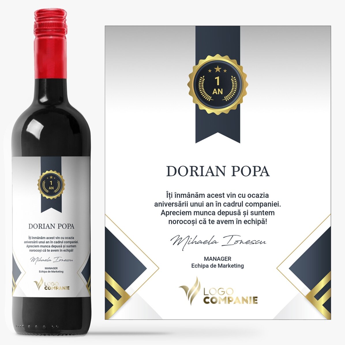 Vin personalizat cu logo și text - Apreciere angajați