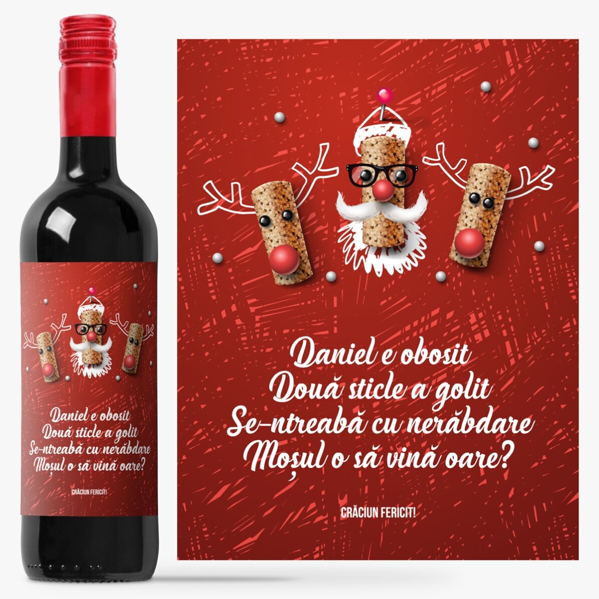 Vin personalizat cu mesaj amuzant de Crăciun
