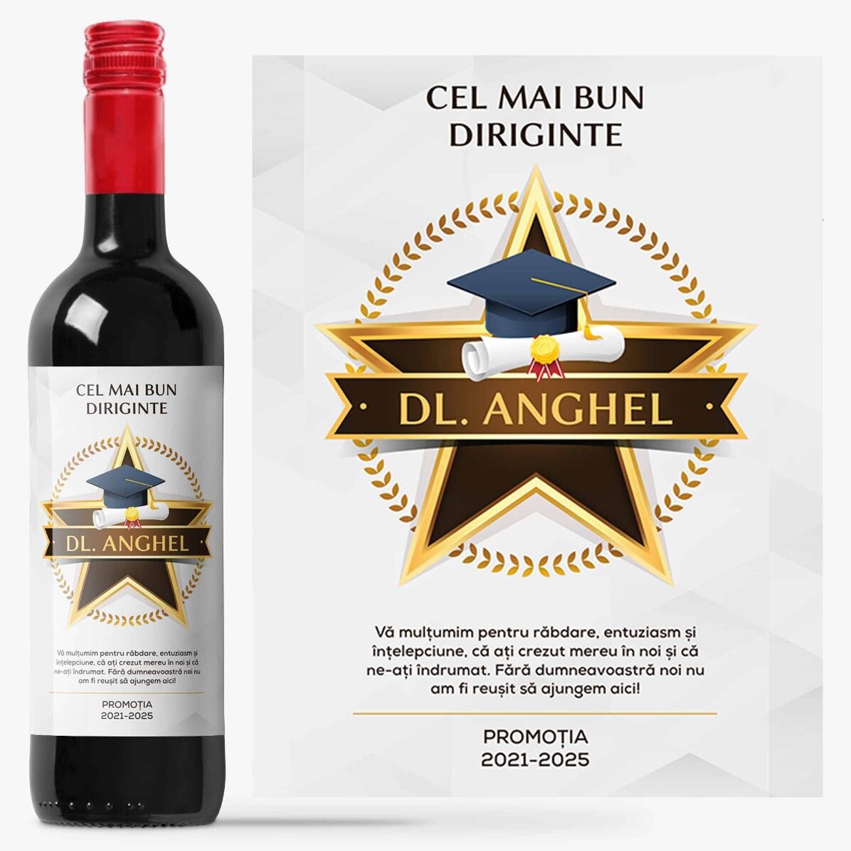 Vin personalizat cu mesaj de apreciere pentru profesori