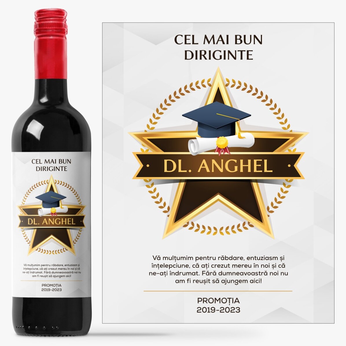 Vin personalizat cu mesaj de apreciere pentru profesori