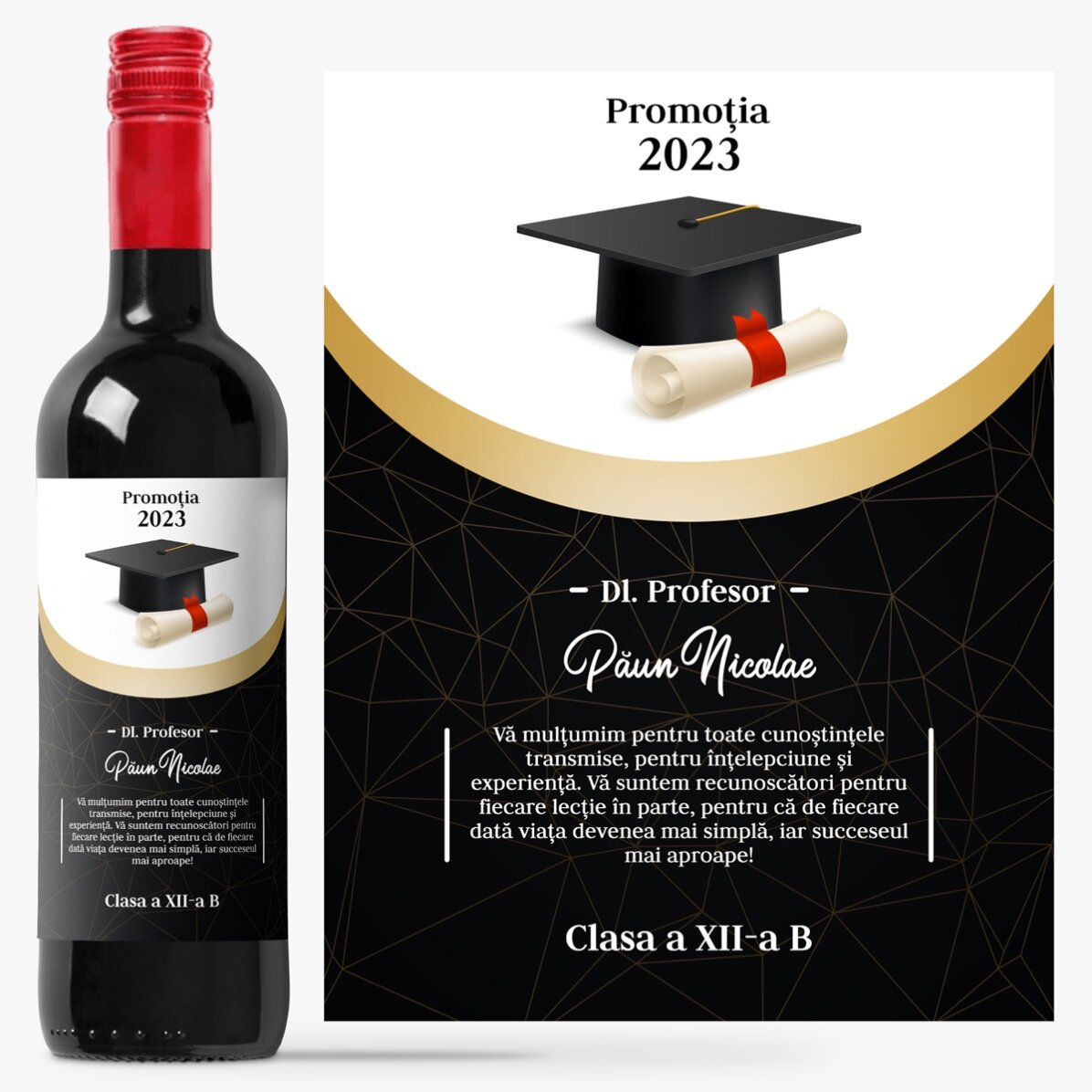 Vin personalizat cu mesaj pentru profesor - Recunoștință 