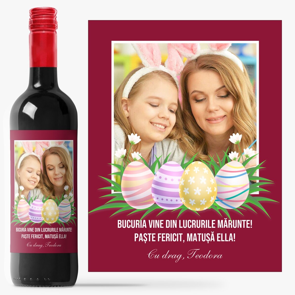 Vin personalizat cu o poză și mesaj de Paște