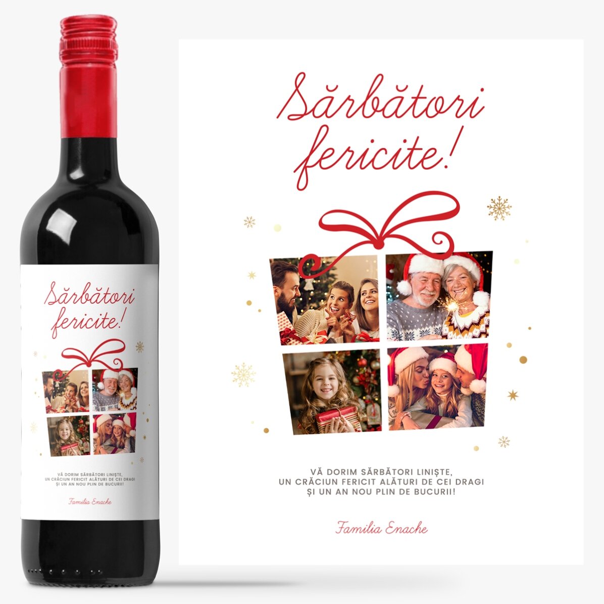 Vin personalizat cu 4 poze și mesaj special - Sărbători fericite