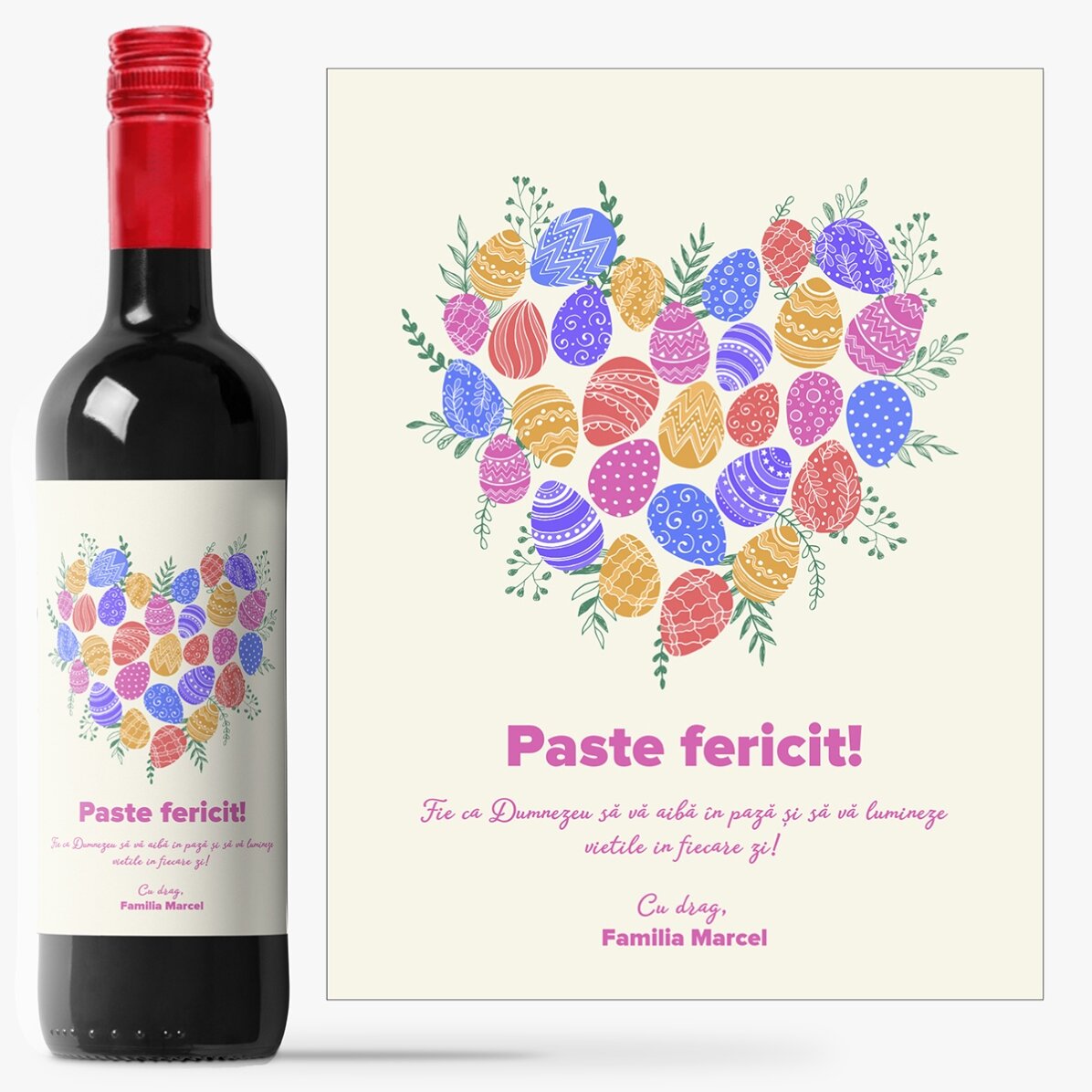 Vin personalizat cu text pentru Paște - model Inimă