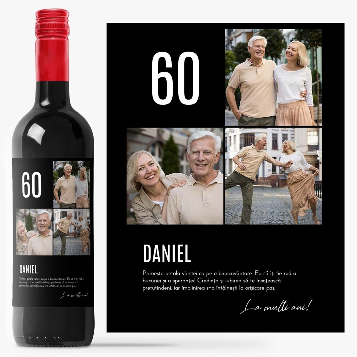 Vin personalizat cu text și 3 poze pentru zi de naștere - 60
