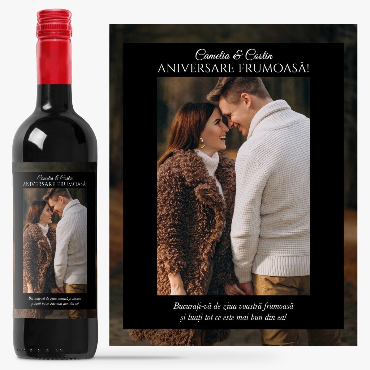 Vin personalizat cu text și poză pentru aniversări
