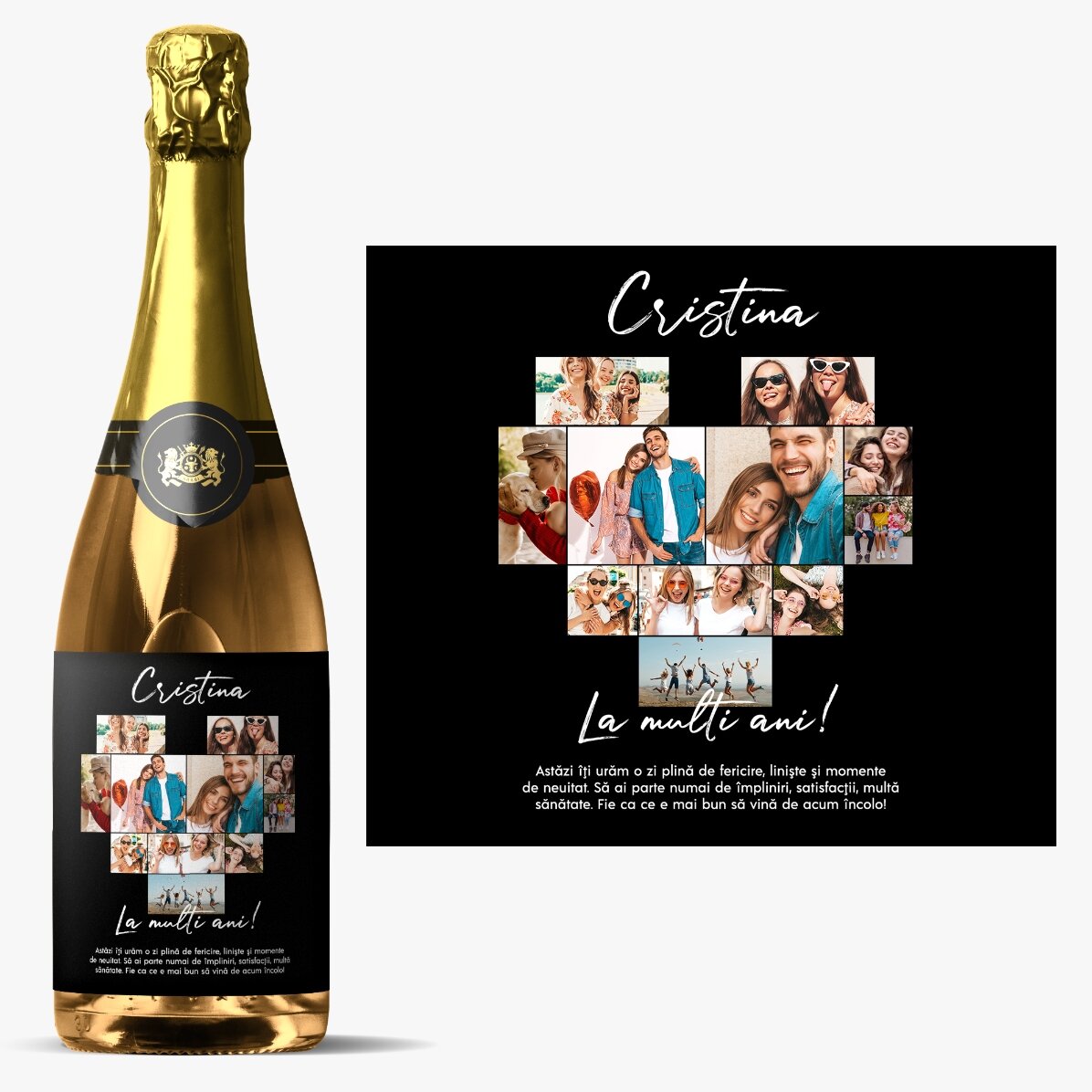 Vin spumant personalizat cu 11 poze și mesaj