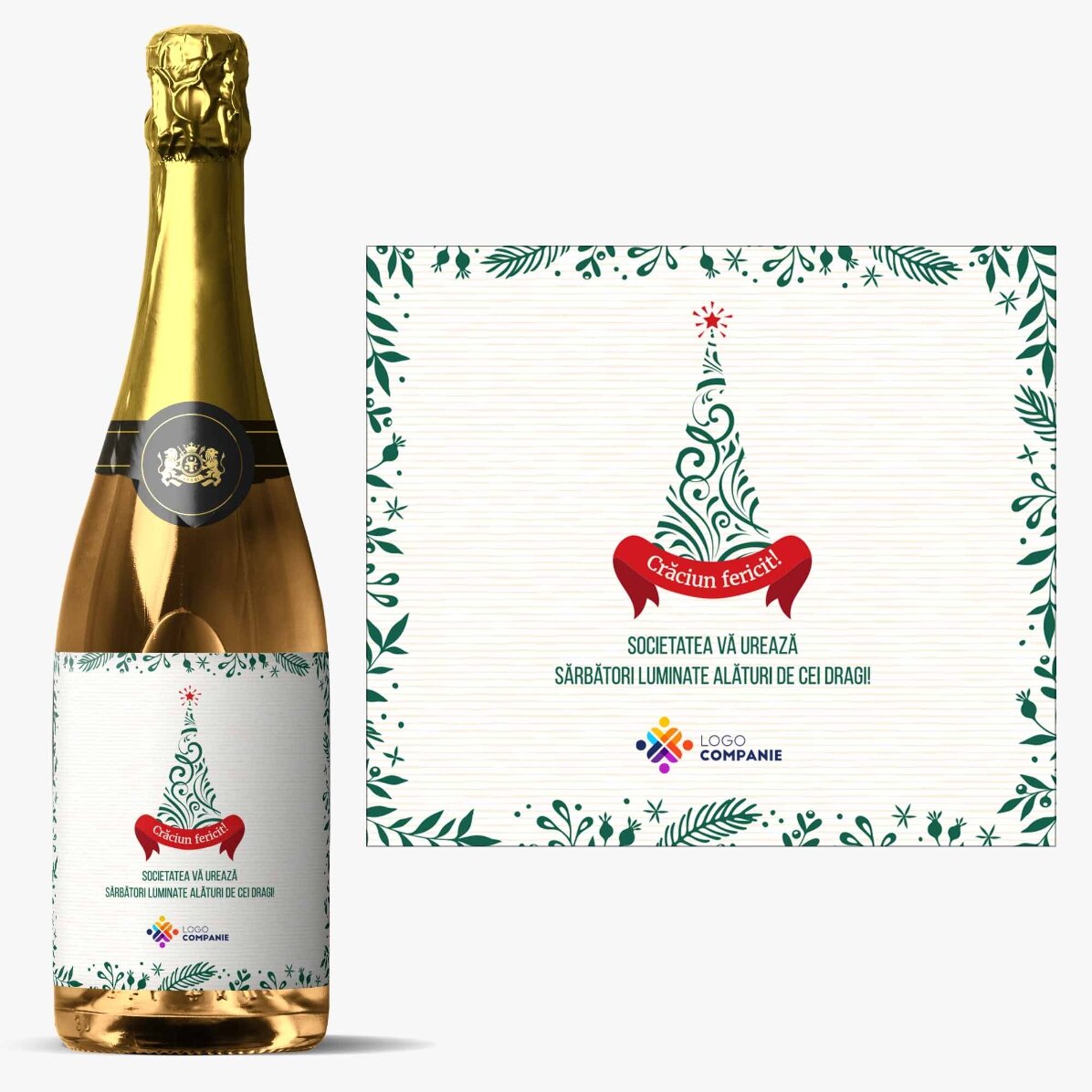 Vin spumant personalizat cu logo și text - Crăciun fericit