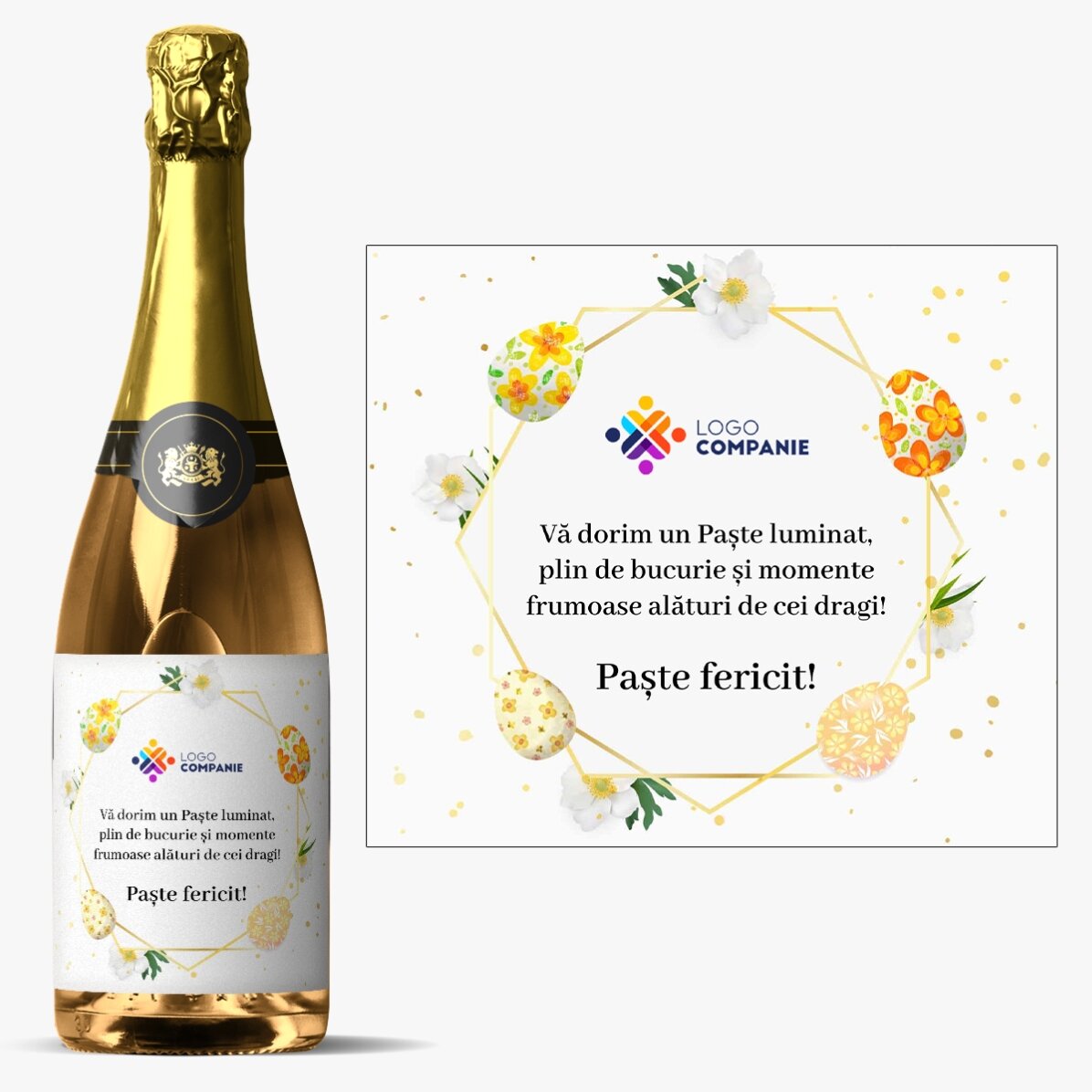 Vin spumant personalizat cu logo și text - Urare de Paște
