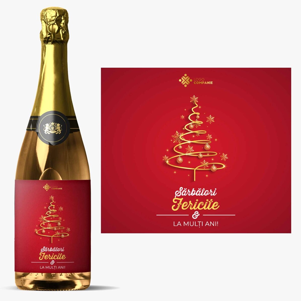 Vin spumant personalizat cu mesaj și logo - Sărbători fericite