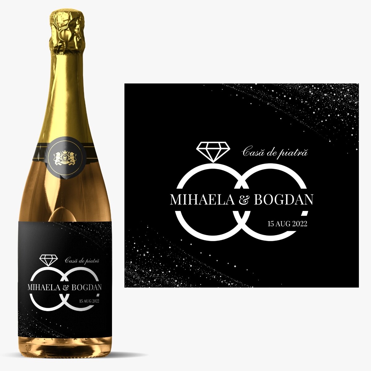 Vin spumant personalizat cu nume și text pentru căsătorie