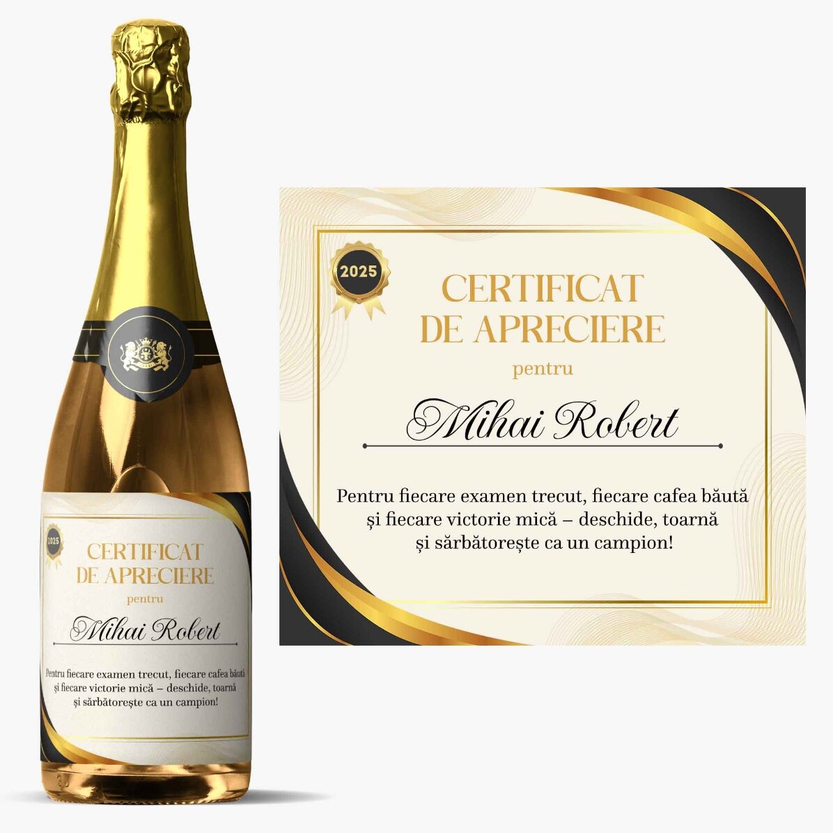 Vin spumant personalizat cu text - Certificat de apreciere